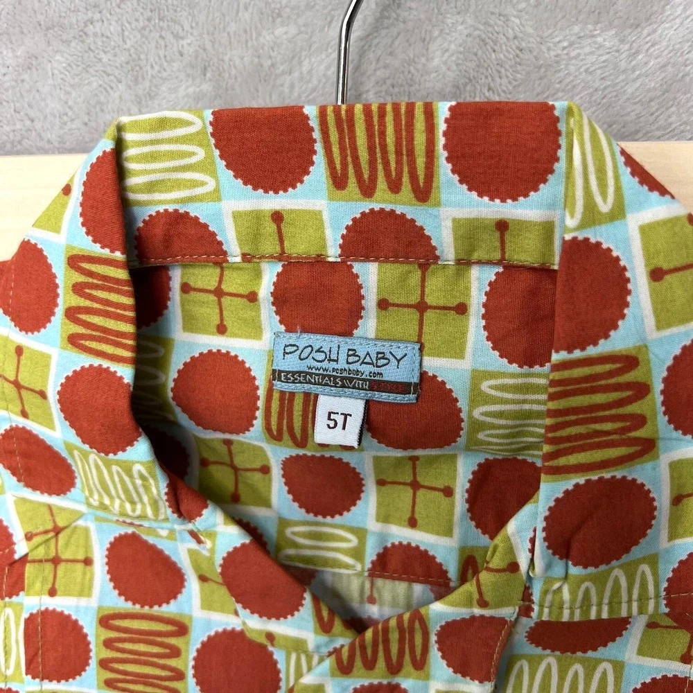 Posh Baby Boys Shirt 5T‎ Red Orange Retro Print Geometric Button Front
